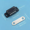 A silver magnetic cabinet door latch closure with various dimensions marked on a blue background.