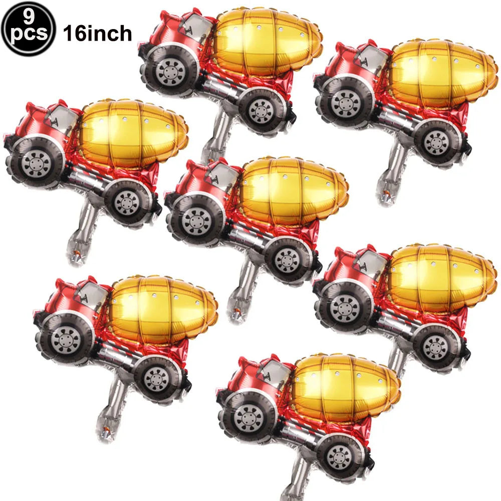 Nine red construction truck foil balloons with yellow headlights for party decor