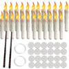 A set of white flameless LED taper candles and a remote timer with numerous candle tips.