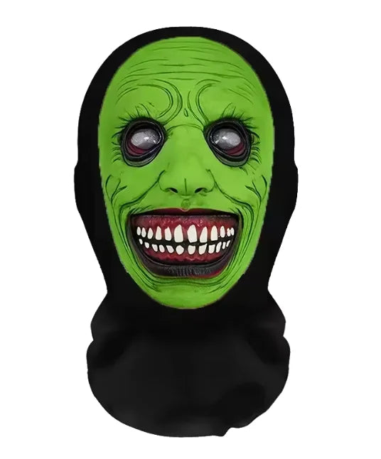 A green, grotesque face mask with large eyes and a wide smile, designed for party cosplay.