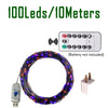 A flexible string of 10 meters of LED fairy lights with a remote control and battery pack.