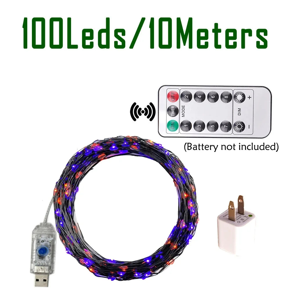 A flexible string of 10 meters of LED fairy lights with a remote control and battery pack.