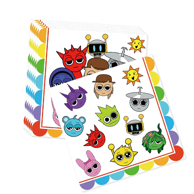 A colorful set of Incredibox Sprunki birthday party supplies featuring various character figures.
