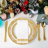 Elegant gold rim plastic dinner and dessert plate set with a white napkin and silverware
