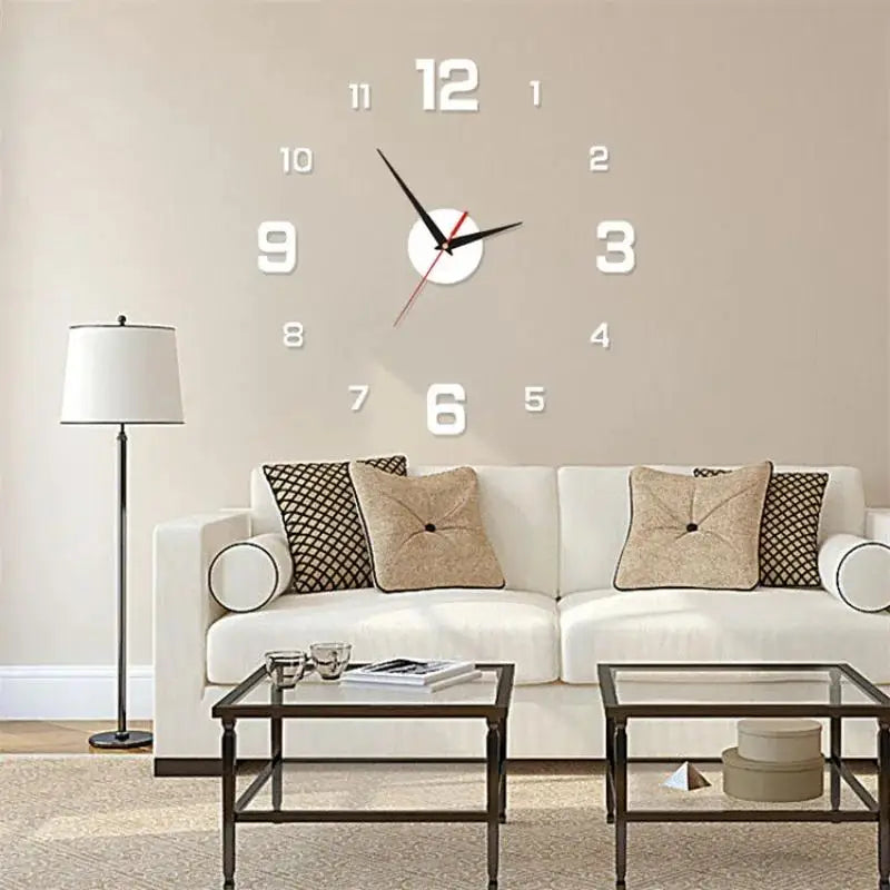 A modern living room features a white sofa and a wall clock with Roman numerals above it.