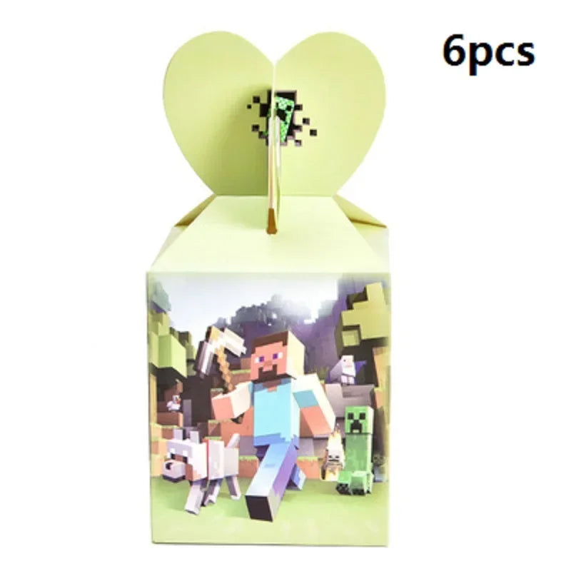A set of six Minecraft-themed party supplies including a flag pulling cake topper and tableware.