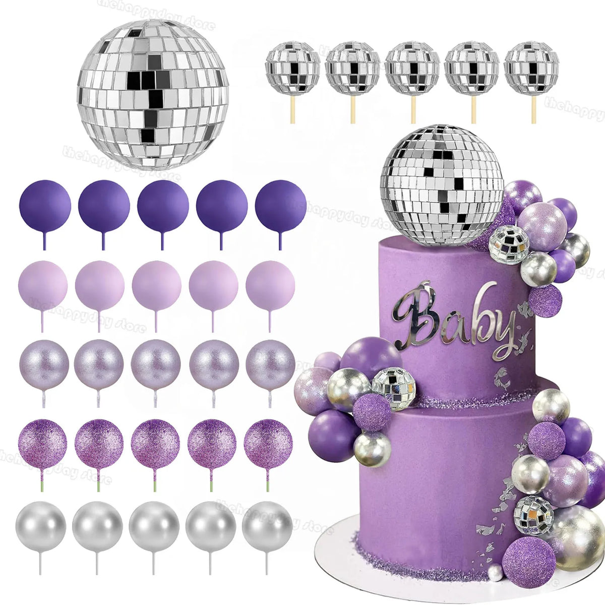 A set of silver and purple honeycomb ball decorations for a baby celebration cake.
