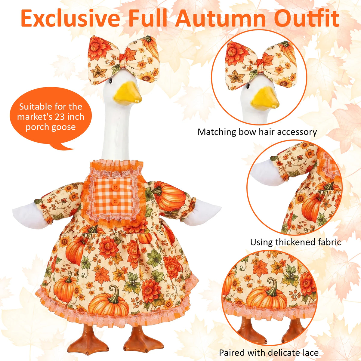 A full autumn outfit for a porch goose featuring a floral dress, matching bow hair accessory, and delicate lace.