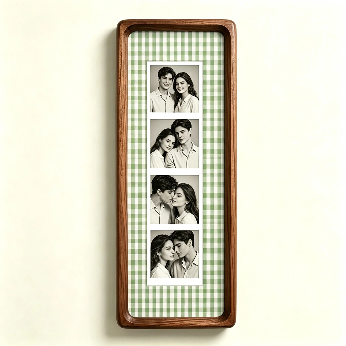 A vertical photo strip frame with a walnut wood border and a green gingham background, displaying six portrait photos of a co