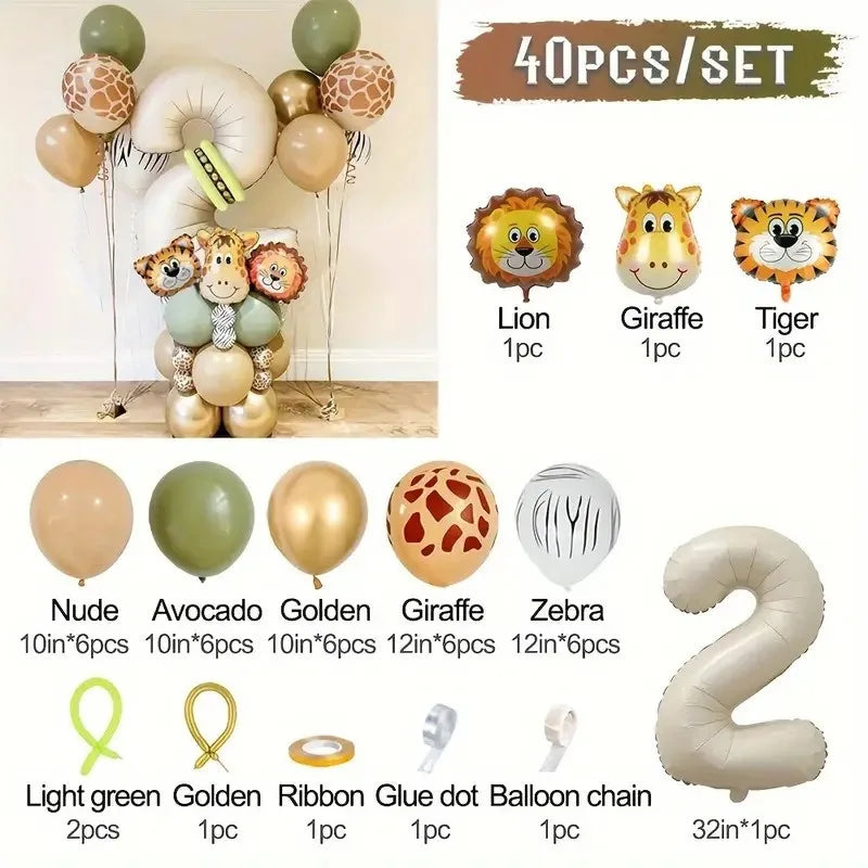Jungle animal balloon party set including lion giraffe tiger and number balloons
