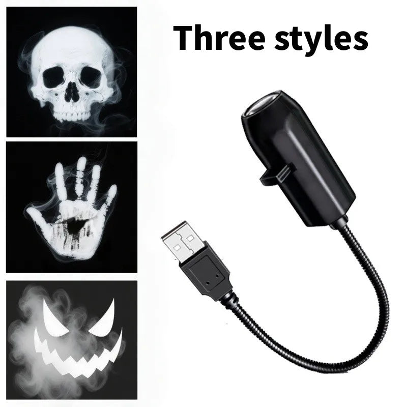Three styles of a Halloween ghost and skull projector night light with an electrical cord.