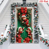Festive Christmas elf door curtain featuring elves and gift motifs on a green door.