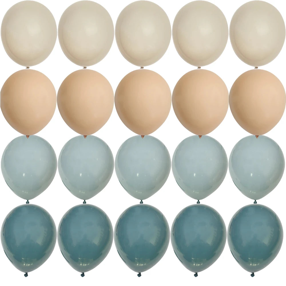 A set of vintage blue latex balloons in various shades and sizes.