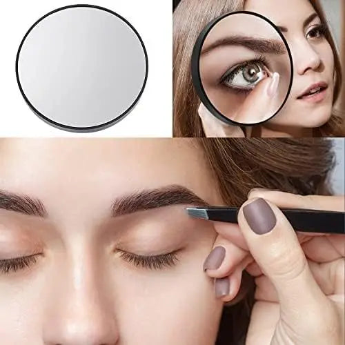 A close-up of a magnifying compact mirror with a suction cup and a woman using it to examine her eye.