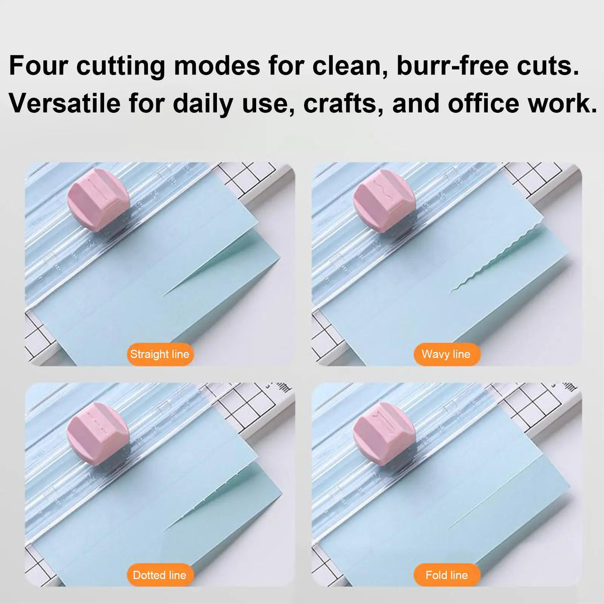 Cutter papier multifonction avec quatre modes de coupe : ligne droite, ligne ondulée, ligne pointillée et ligne pliée.