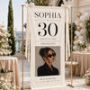 A white linen banner for a celebration featuring the text Sophia 30 March 20, 2026 celebrating thirty