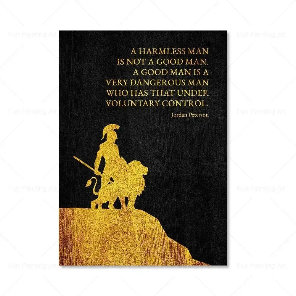 A black canvas print featuring a quote about a harmless man not being a good man, with a silhouette of a man and a lion on a 