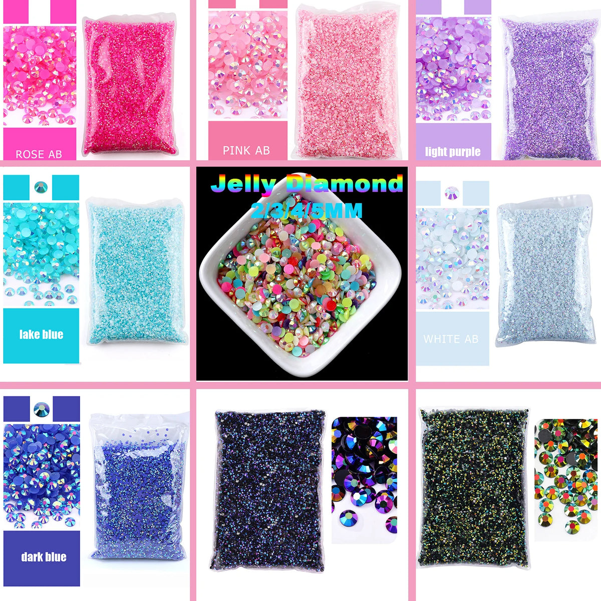 A collection of flatback resin rhinestones in various colors including pink, purple, blue, and green.