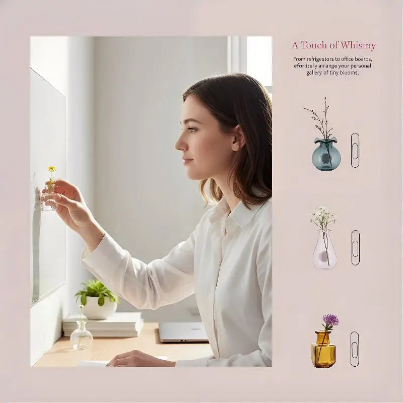 A woman places a glass flower vase on a desk, showcasing magnetic glass flower vases for fridge decor.