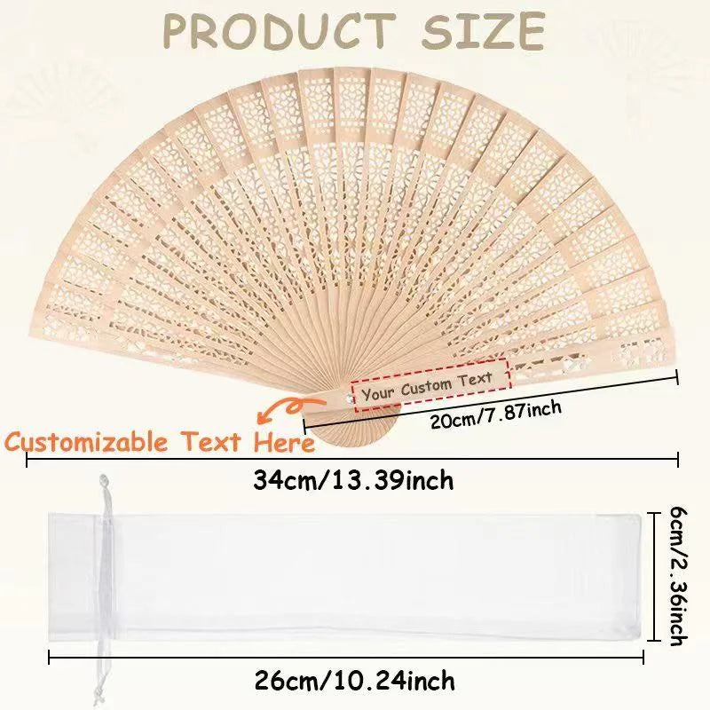 A light beige folding fan with an organza pouch, showing the size and design of the product.