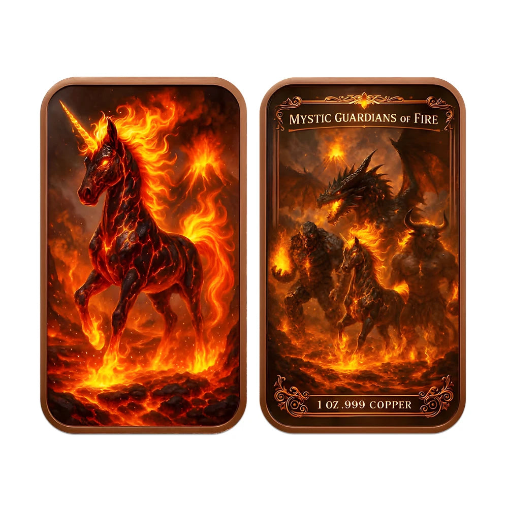 A pair of gothic copper challenge coins featuring mystical guardians of fire designs.