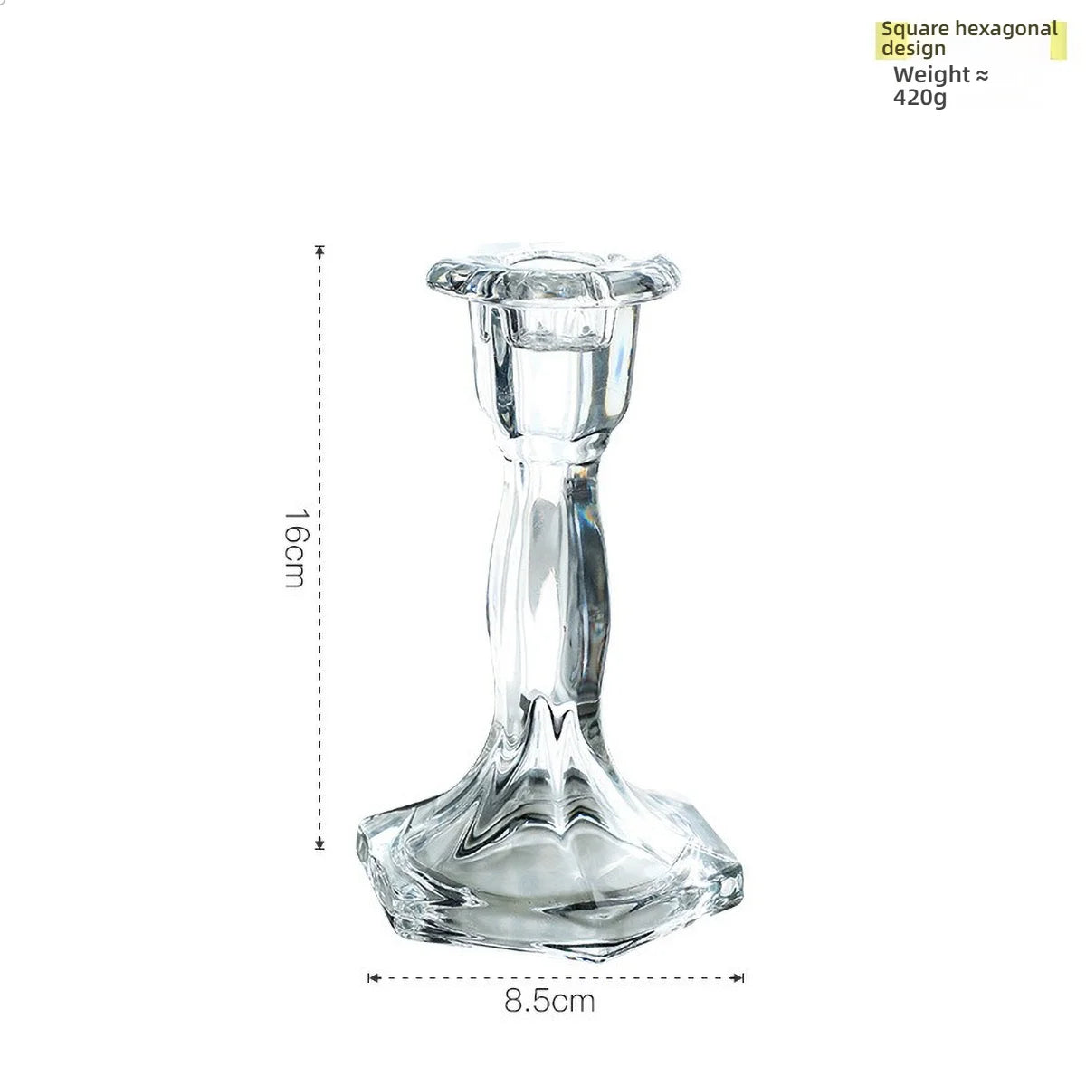Elegant clear glass pillar candle holder with a square hexagonal design and a 420g weight.