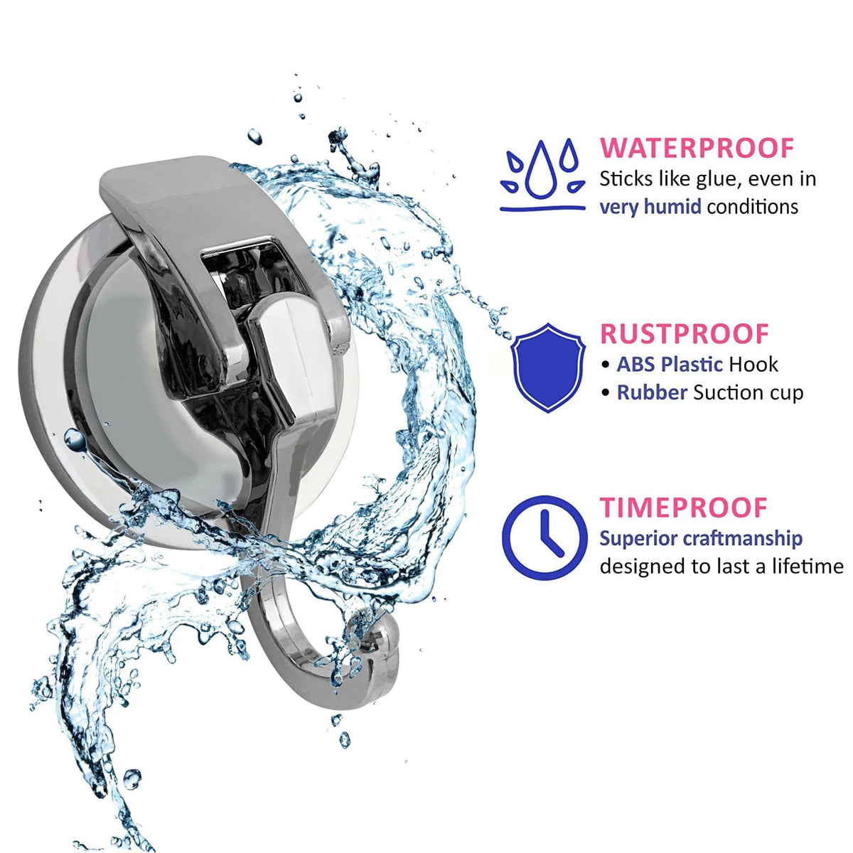 A close-up of a heavy duty reusable suction cup hook in silver metal, shown being splashed by water.