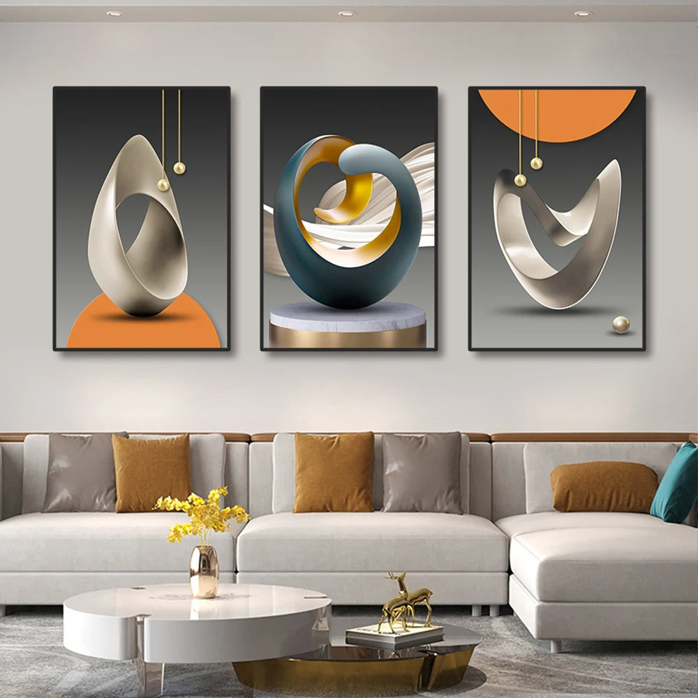 A set of three modern geometric canvas wall art pieces featuring abstract curved shapes in gold, bronze, and teal tones.