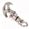 A heavy duty stainless steel gravity hook multi-tool with a hinged design and a loop for hanging.