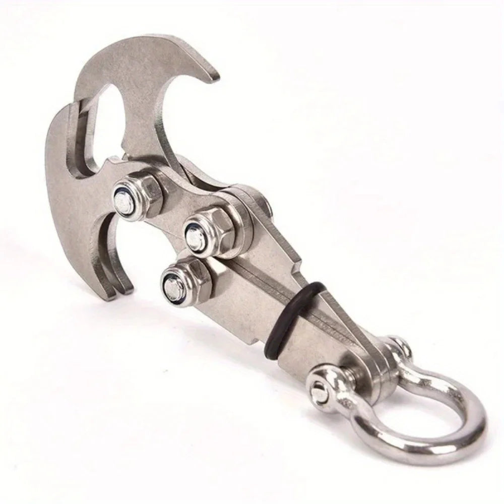 A heavy duty stainless steel gravity hook multi-tool with a hinged design and a loop for hanging.