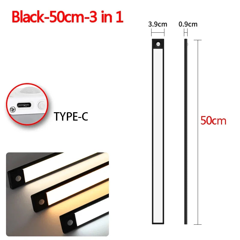 Black 50cm 3-in-1 under cabinet light with a rechargeable battery and Type-C connection.