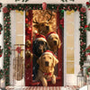 A festive door cover banner featuring a Christmas Santa and elk with golden antlers in a red frame.