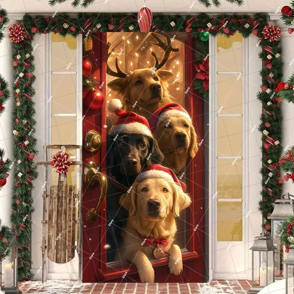 A festive door cover banner featuring a Christmas Santa and elk with golden antlers in a red frame.