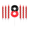 A set of eight birthday candles shaped like the number eight with a mouse design, featuring red and black colors.