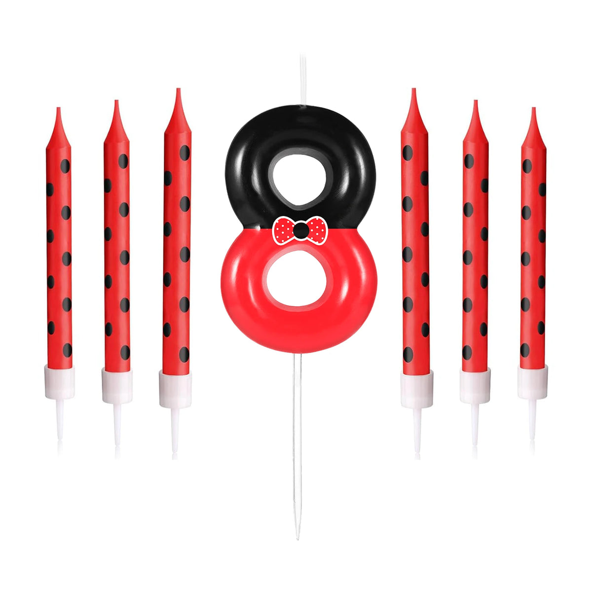 A set of eight birthday candles shaped like the number eight with a mouse design, featuring red and black colors.
