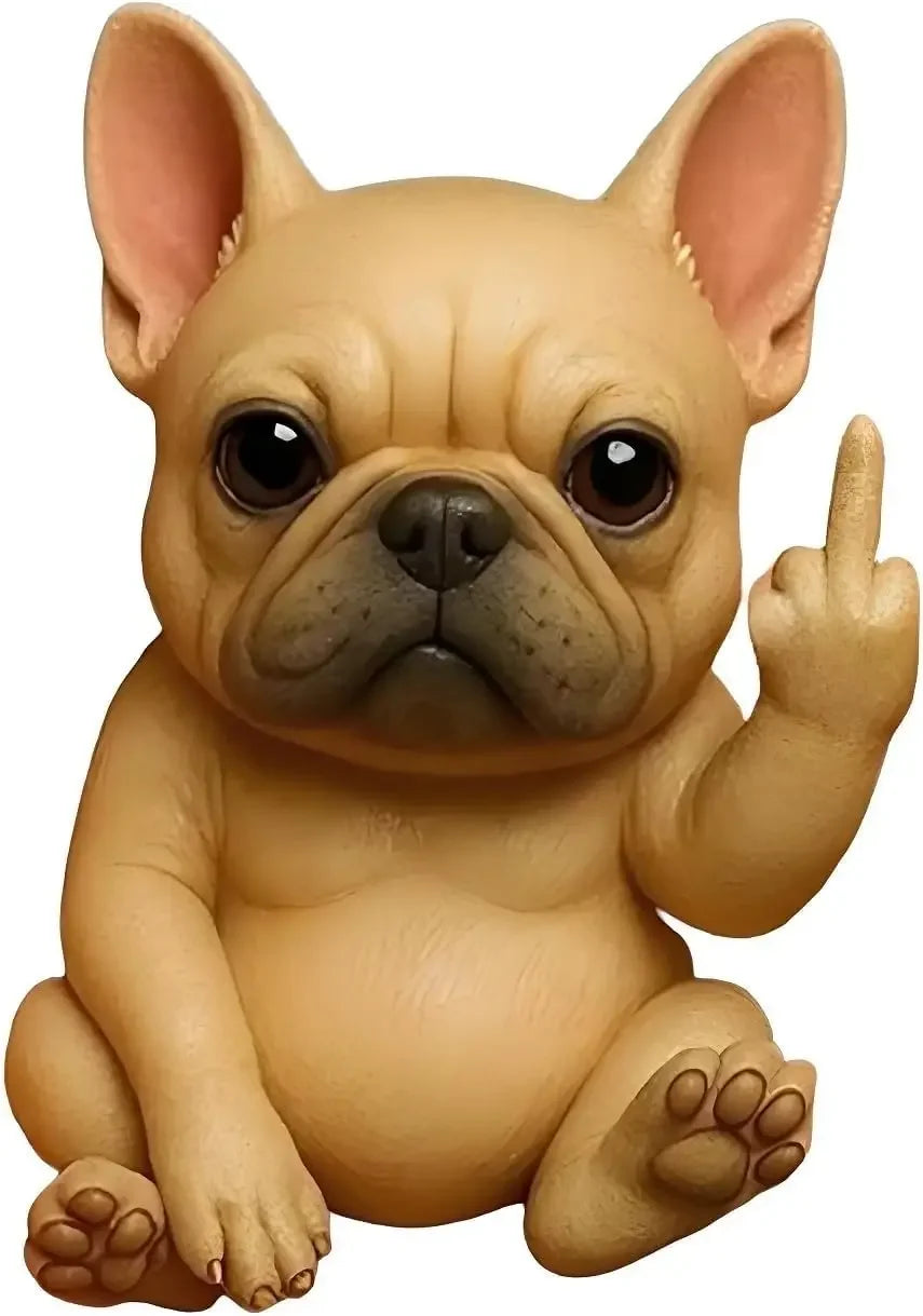 A small, tan resin statue of a French Bulldog puppy sitting and posing.