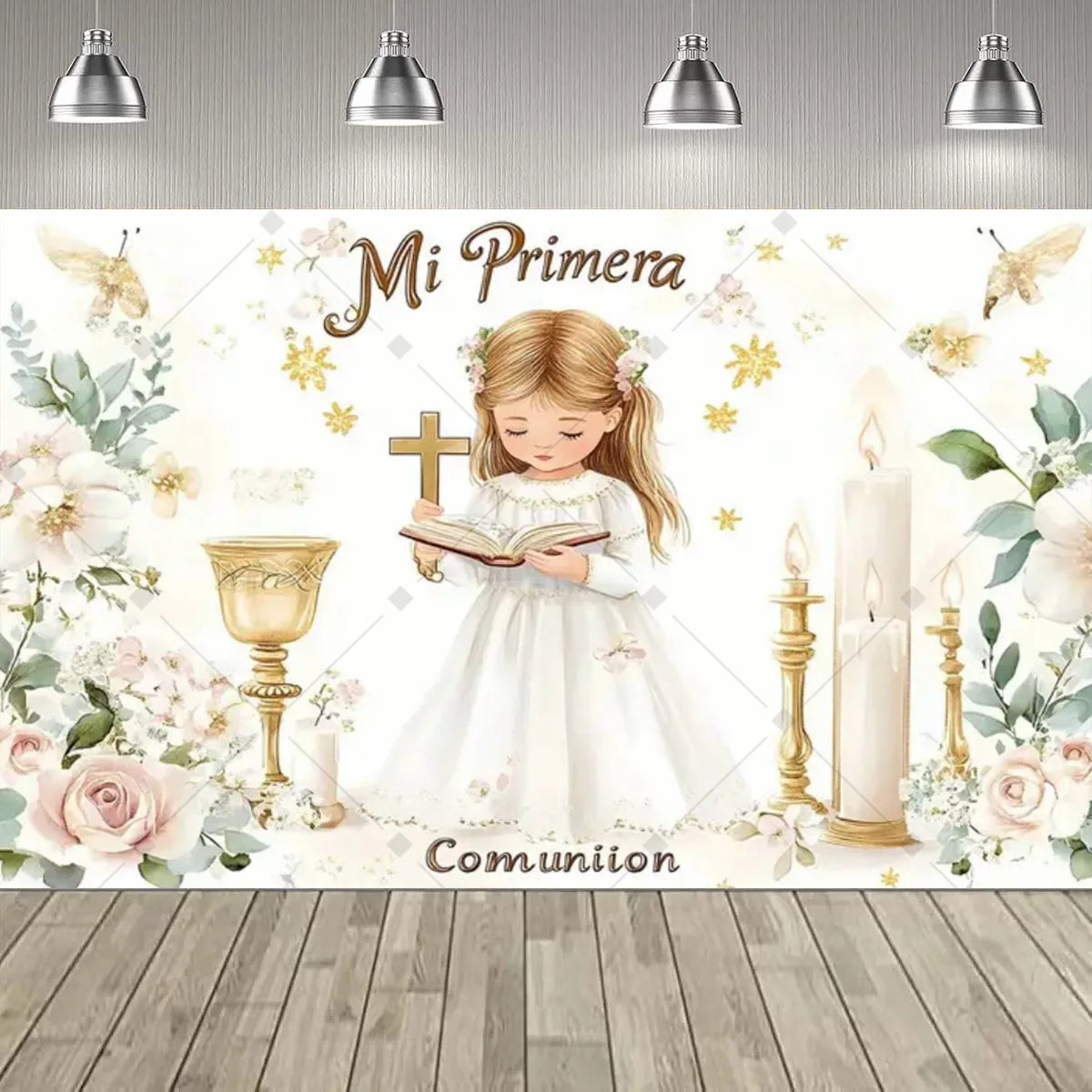 A white backdrop for a First Communion featuring a girl, a cross, and floral elements.