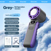 A grey and purple handheld fan is shown in a snowy context, highlighting its features like 3600mAh capacity and various airfl