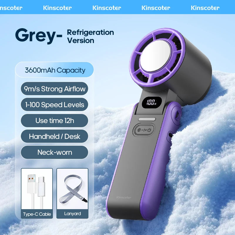 A grey and purple handheld fan is shown in a snowy context, highlighting its features like 3600mAh capacity and various airfl