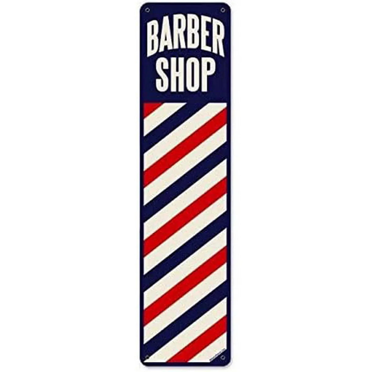 A vertical vintage funny metal street sign with a navy blue background and red and white diagonal stripes, featuring the text