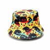 A yellow and black duck print reversible bucket hat.