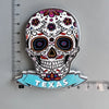 A colorful skull design featuring intricate patterns and the word TEXAS on a blue background.