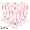 A set of 25 clear pink disposable champagne glasses with a gold finish displayed on a white background.
