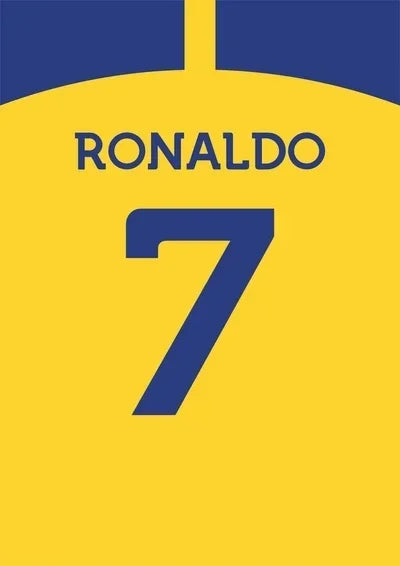 A graphic featuring the name RONALDO and the number 7 in blue on a yellow background.