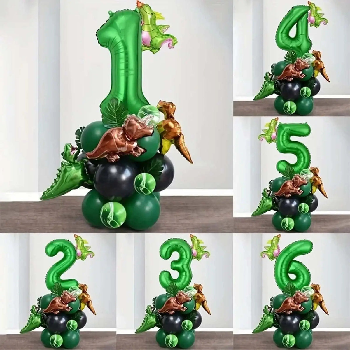 A set of green balloons shaped like numbers 1 through 6 with small dinosaur figures for a birthday party theme.