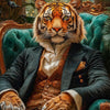 A painting of a majestic orange and black tiger with green fur sitting in an ornate chair.