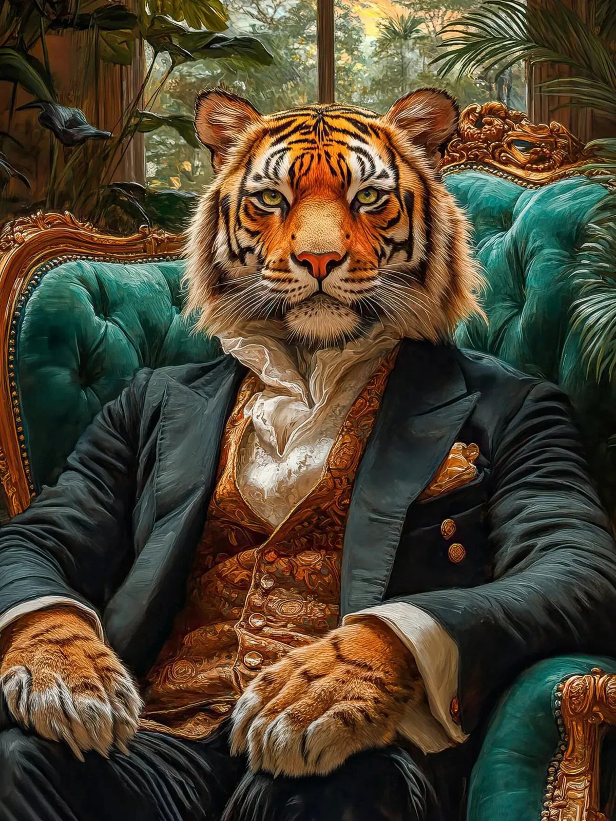 A painting of a majestic orange and black tiger with green fur sitting in an ornate chair.