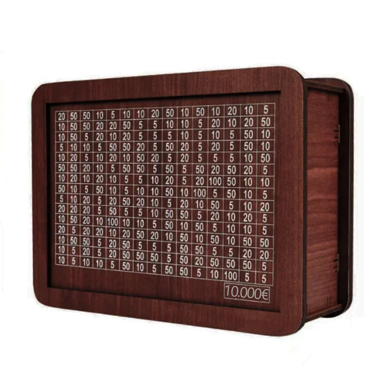 A wooden piggy bank with a savings goal tracker showing various monetary amounts.