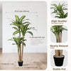 A tall artificial Dracaena tree with green leaves and brown trunk planted in a black pot.