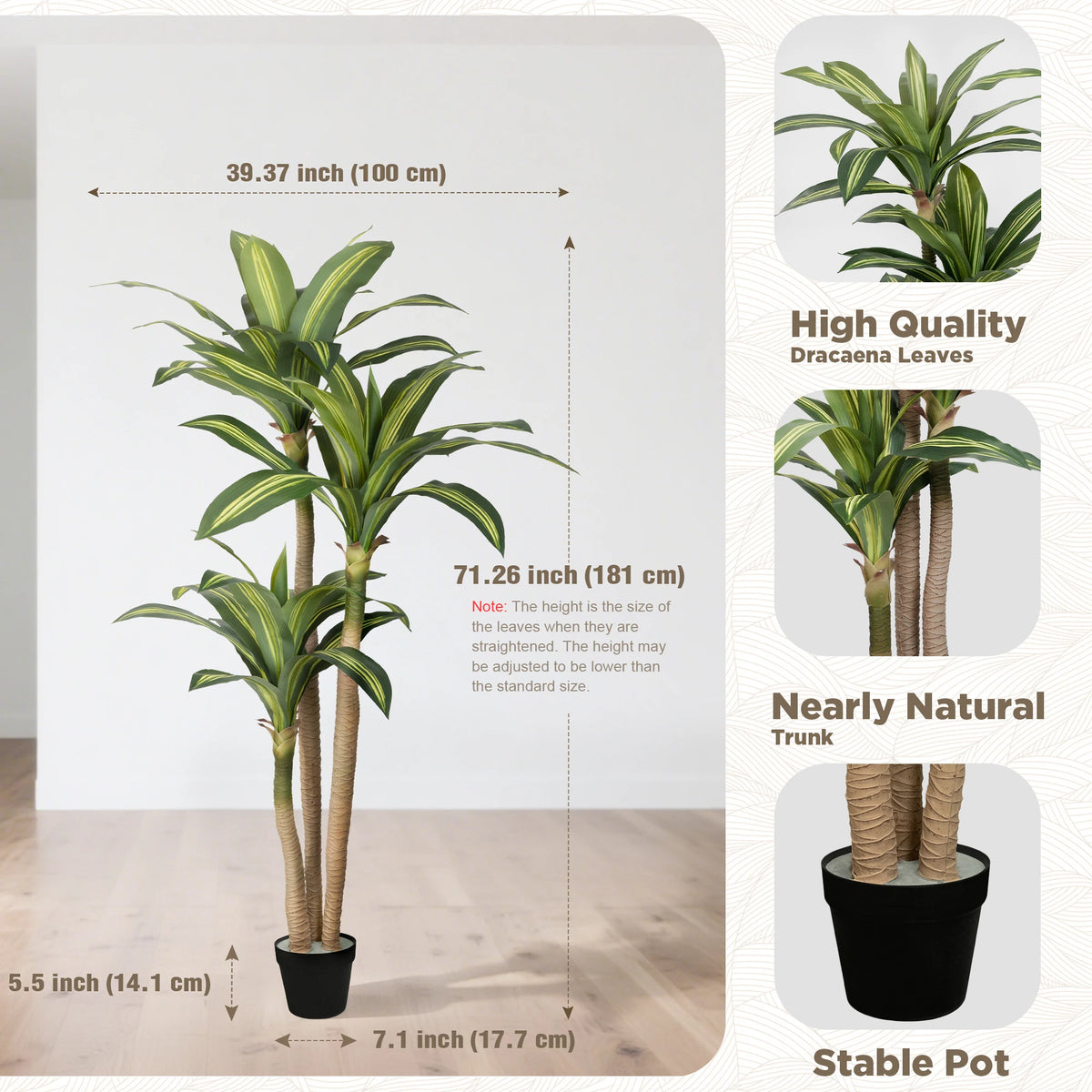 A tall artificial Dracaena tree with green leaves and brown trunk planted in a black pot.
